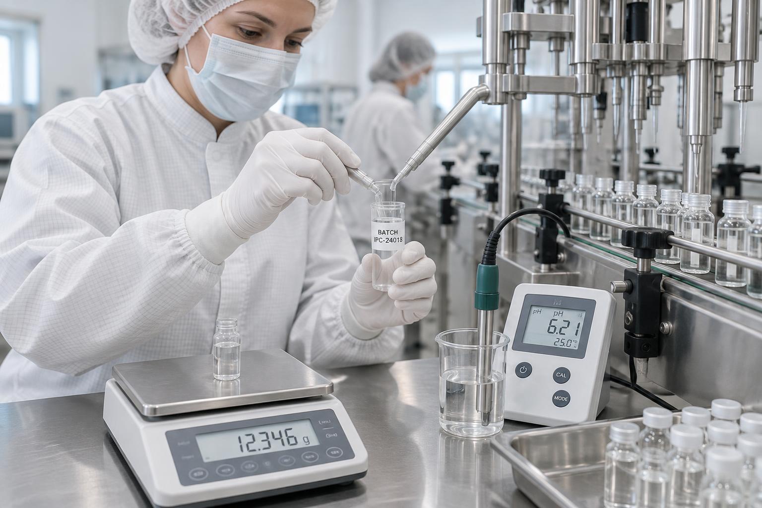Technician checking an in-process sample with a pH meter and scale