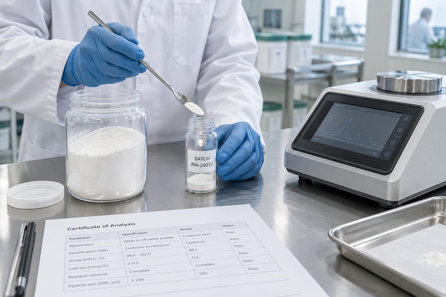 Technician checking raw material against its specification