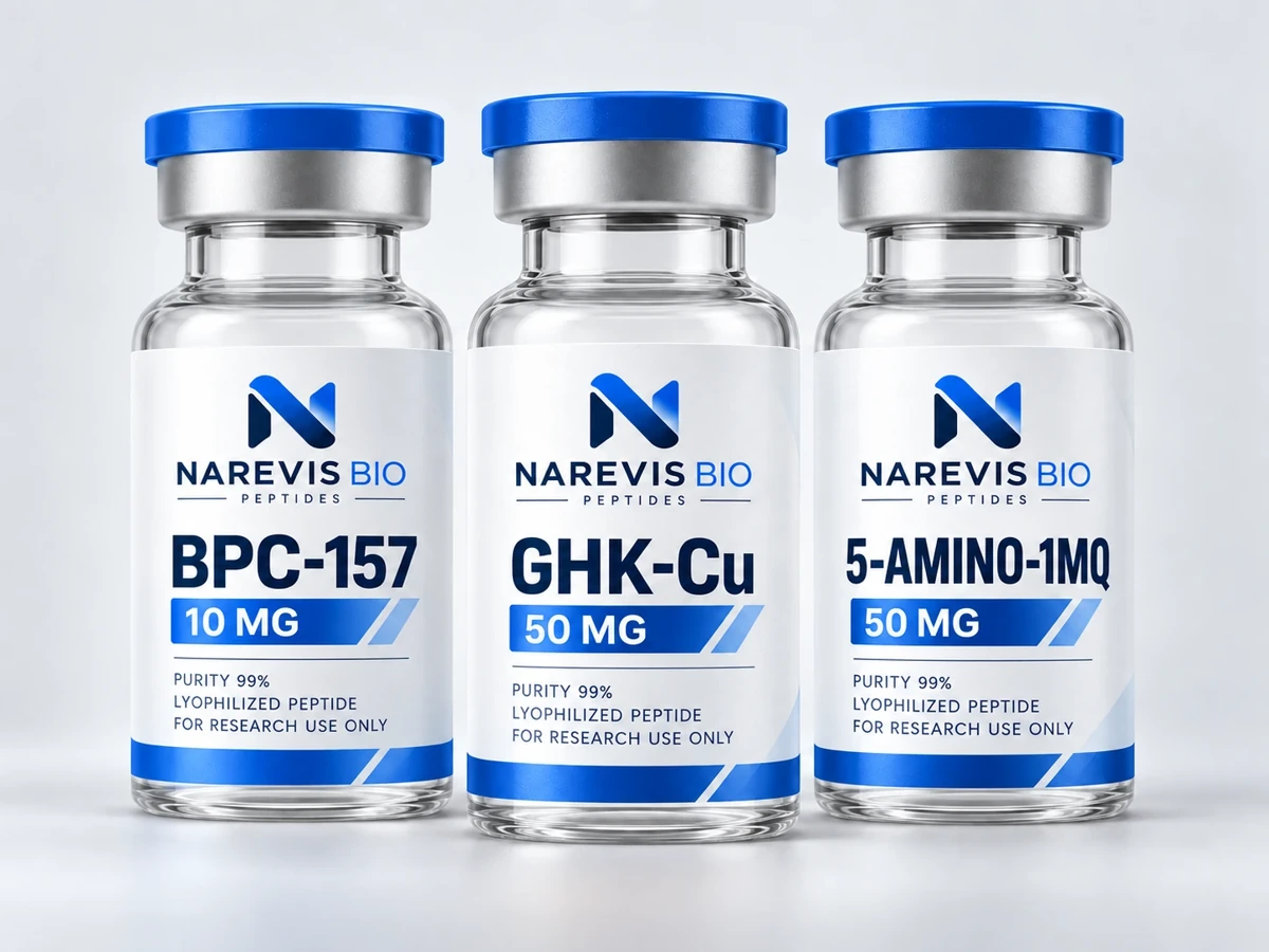 Narevis reference vials: BPC-157 10 mg, GHK-Cu 50 mg and 5-Amino-1MQ 50 mg