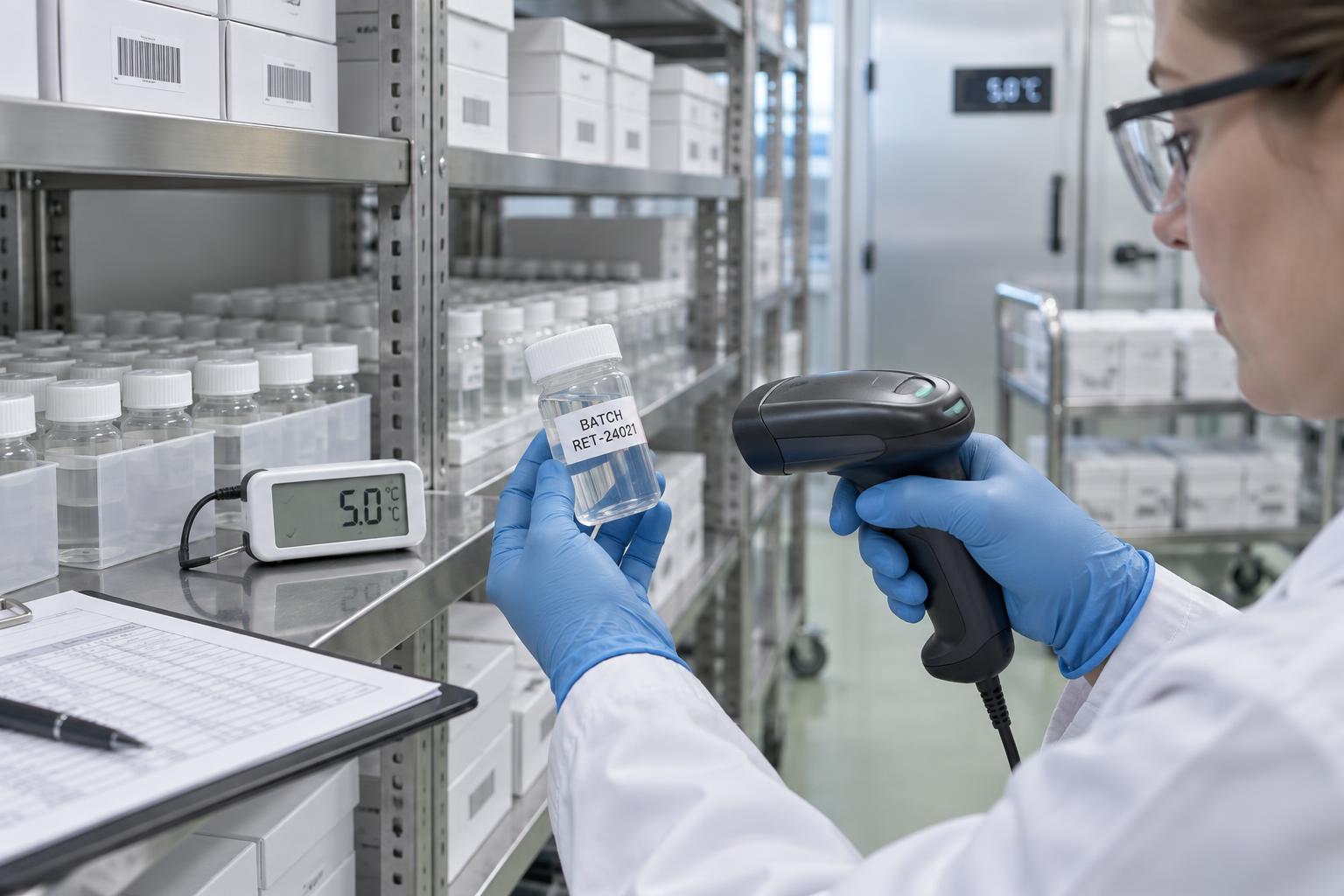 Technician scanning a labelled retain sample beside a temperature logger